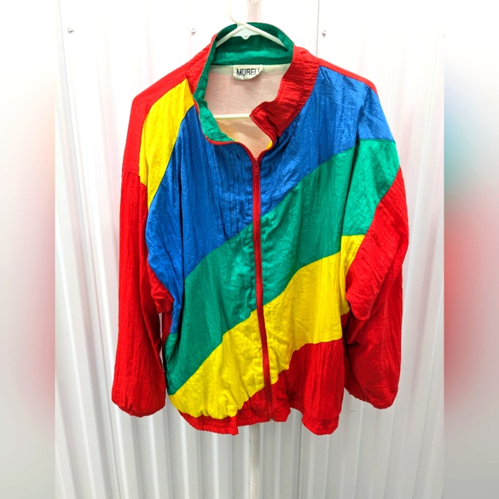 Mureli Vintage Colorful Abstract Color-Block Retro Windbreaker Jacket Women's XL